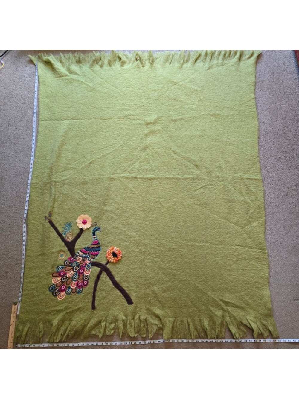 Cynthia Rowley Blanket Throw Peacock Embroidered Green 55x68 Wool Blend